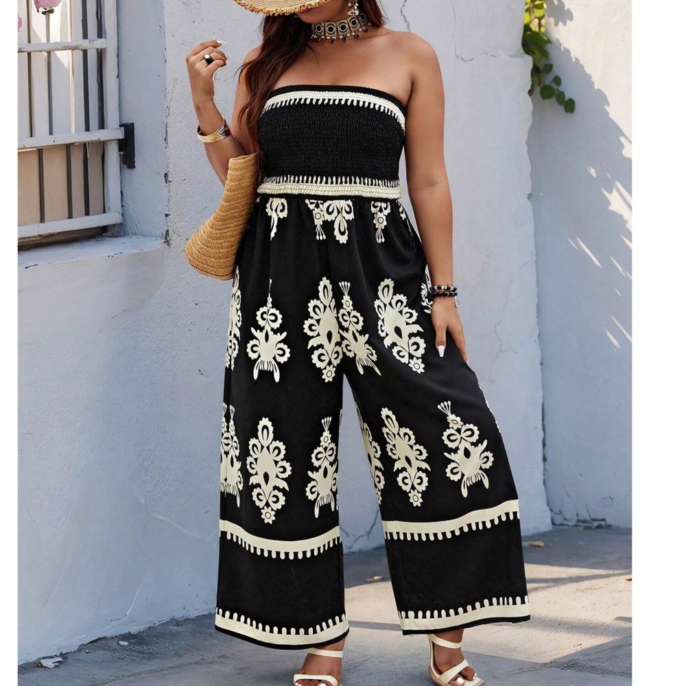 Boho Shirred Bodice Strapless Wide Leg Jumpsuit lightweight BEAUTIFUL